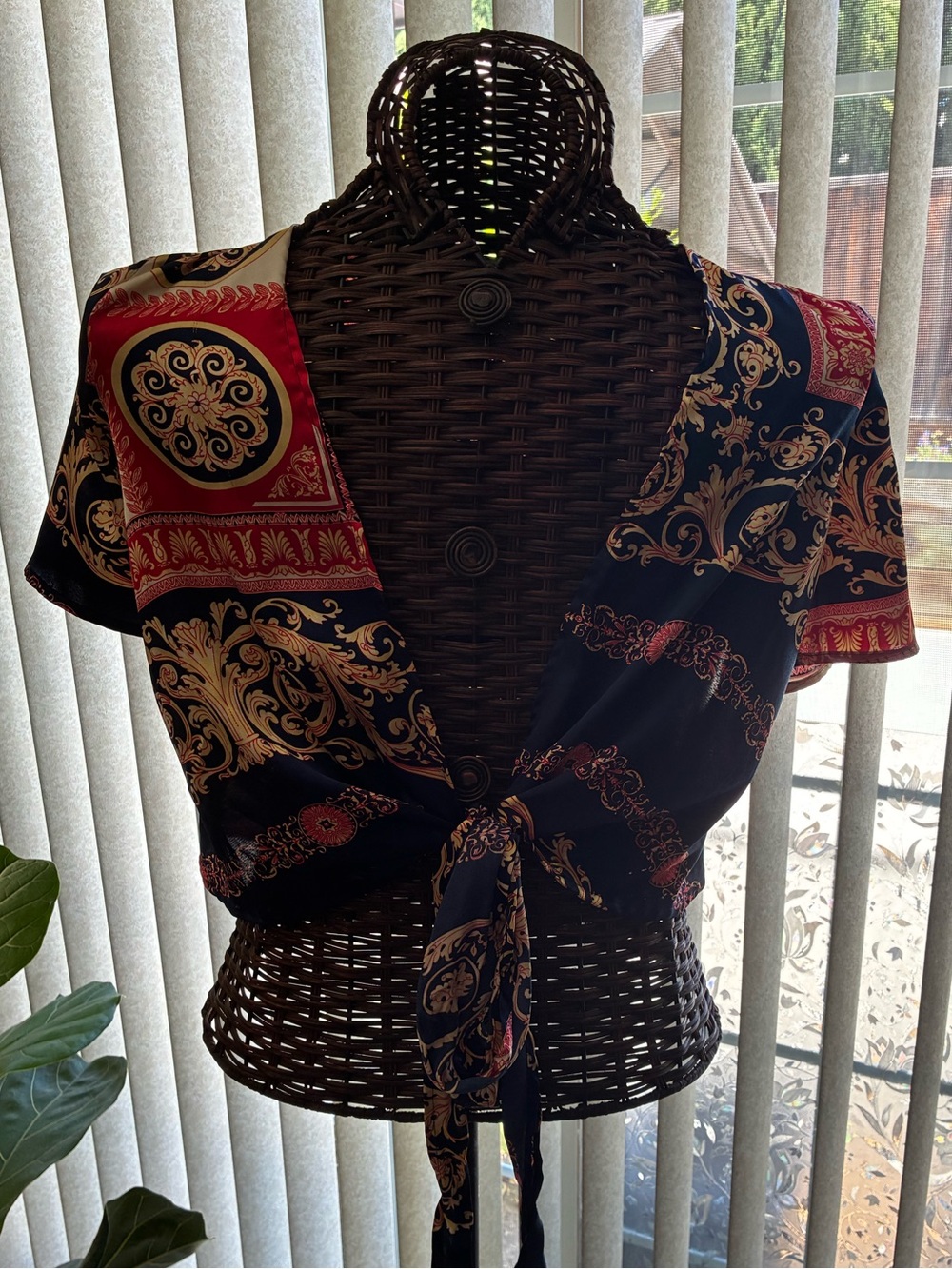 PrettyLittleThing Navy, Red and Gold Baroque Tie-Front Top